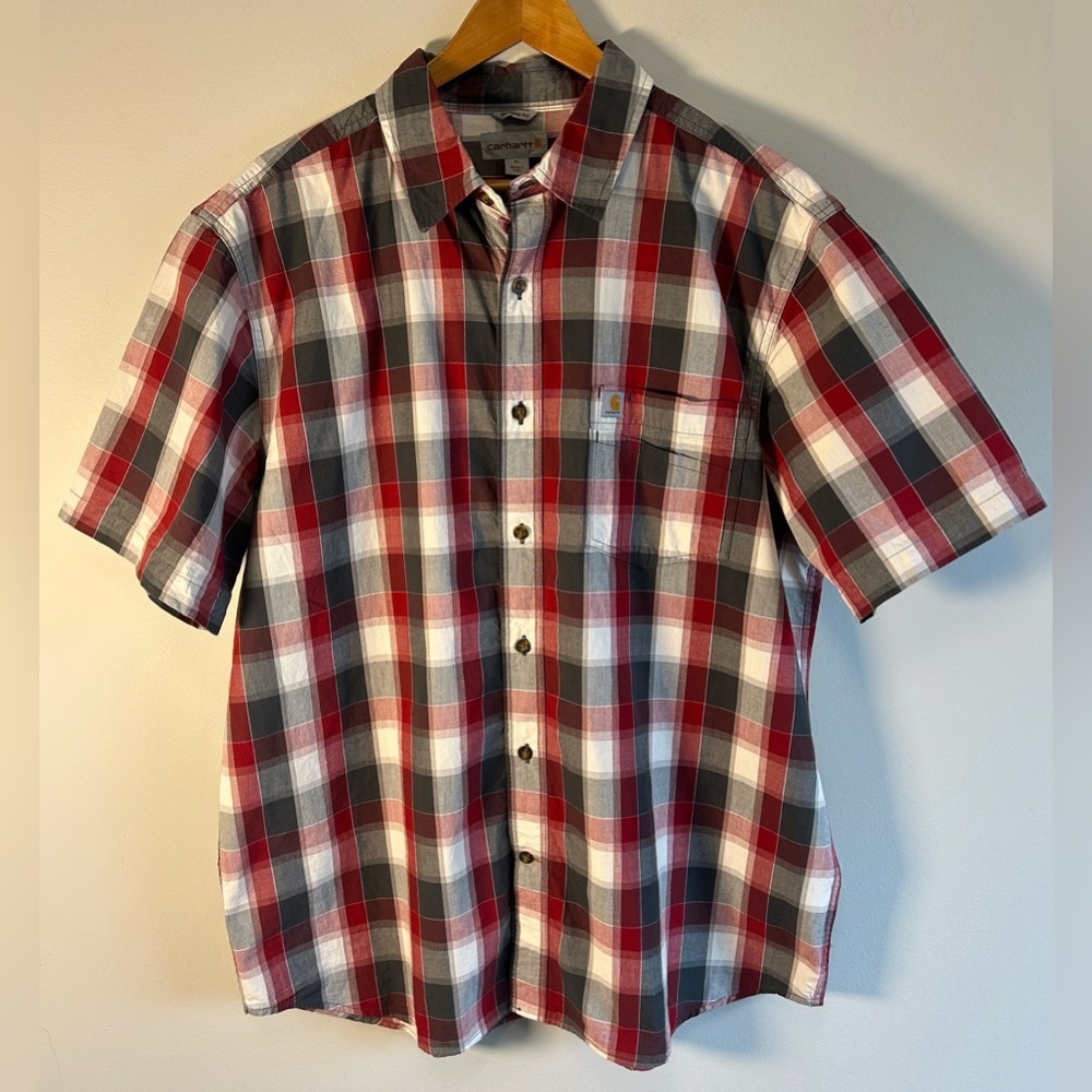 Carhartt Shirt Men's XL Red, Gray & White Plaid Button Up Shirt Relaxed Fit EUC